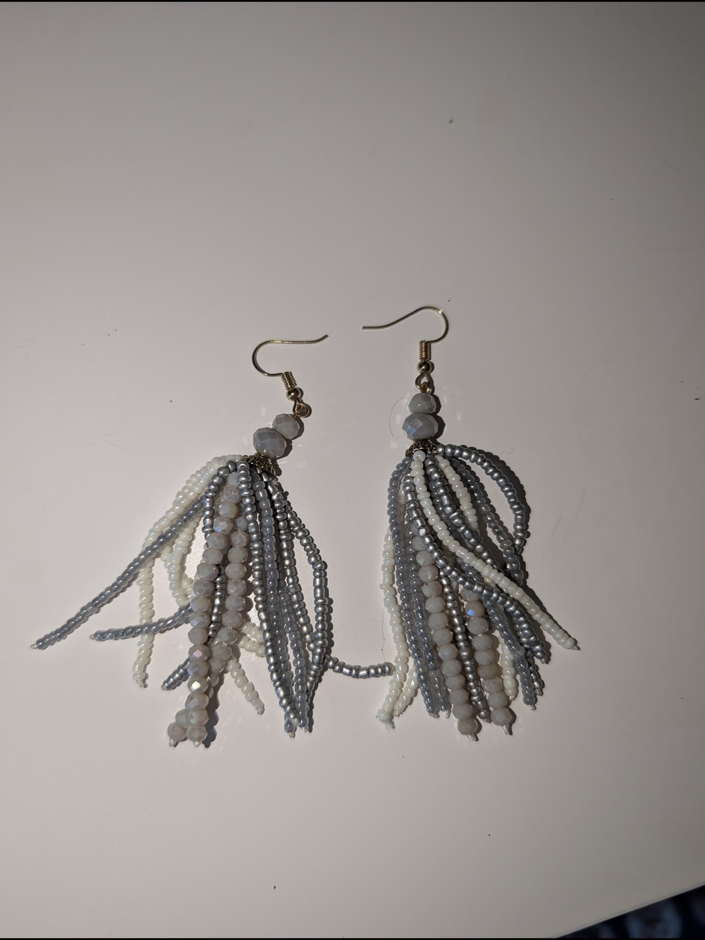 Beaded Tassel Drop Earrings in White and Light Gray
